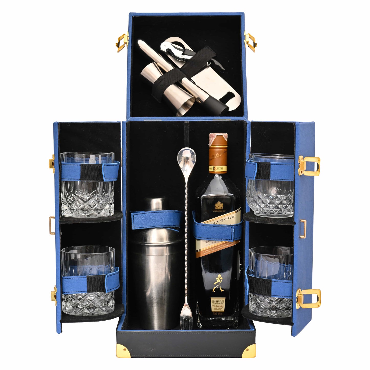 Vegan Leatherette Portable Bar Box with Accessories | 4 Whisky Glasses | Bar Box | Mini Bar for Home | Front Open Luxury Bar Box | ( PU Leather Finish Royal Blue Colour)