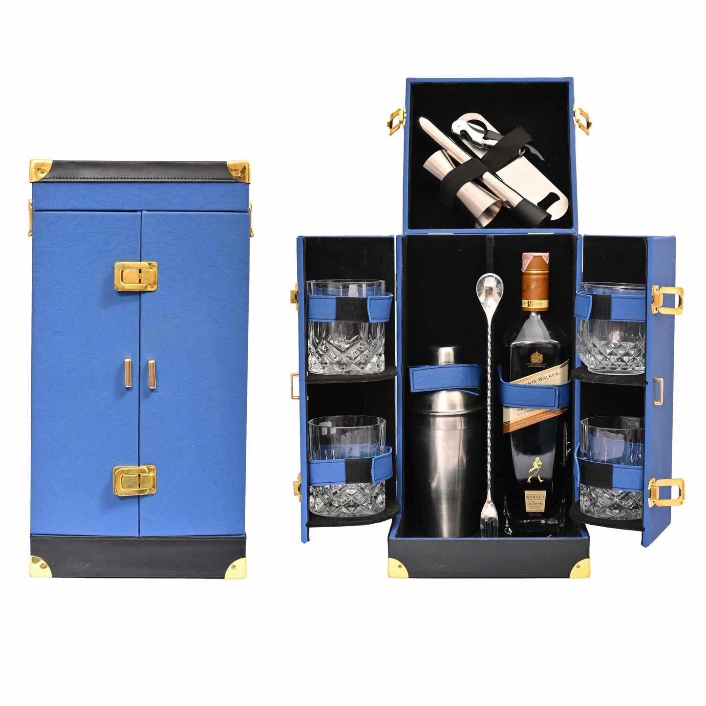Vegan Leatherette Portable Bar Box with Accessories | 4 Whisky Glasses | Bar Box | Mini Bar for Home | Front Open Luxury Bar Box | ( PU Leather Finish Royal Blue Colour)