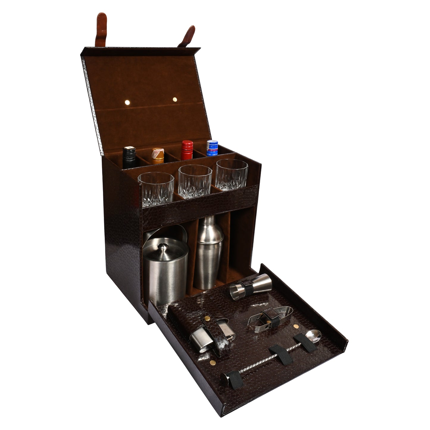 Vegan Leatherette Portable Bar Box with Accessories | 4 Whisky Glasses | Bar Box | Mini Bar for Home | Bar Box for Picnic | ( PU Leather Finish Brown Croco)