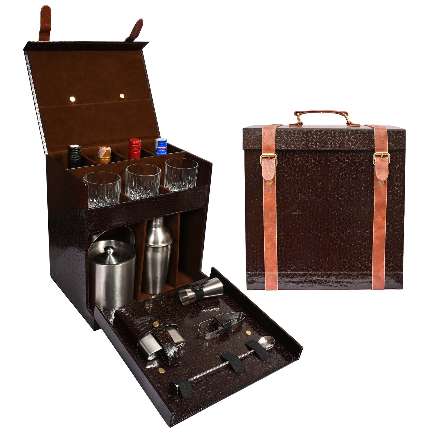Vegan Leatherette Portable Bar Box with Accessories | 4 Whisky Glasses | Bar Box | Mini Bar for Home | Bar Box for Picnic | ( PU Leather Finish Brown Croco)