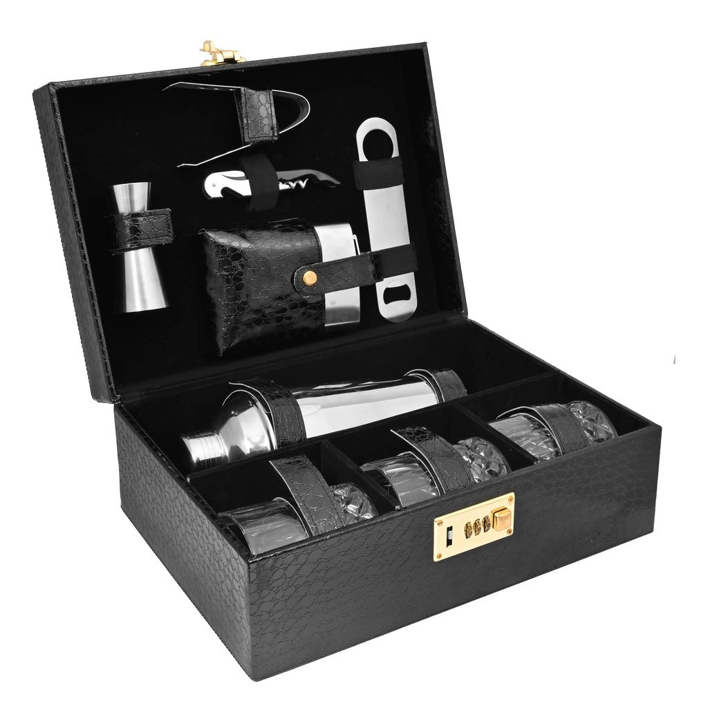 Vegan Leatherette Portable Bar Box with Accessories | 6 Whisky Glasses | Bar Box | Mini Bar for Home ( PU Leather Finish Black Croco)
