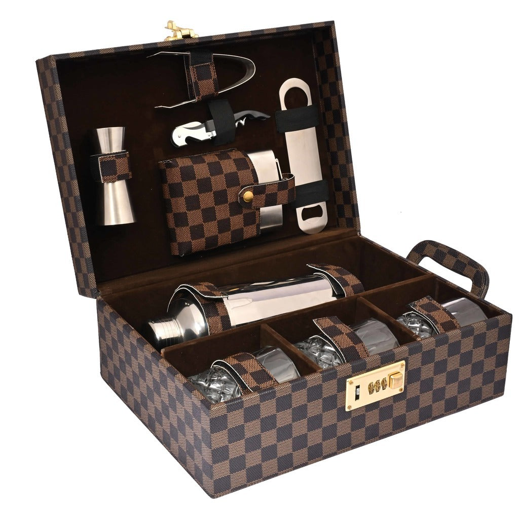 Vegan Leatherette Portable Bar Box with Accessories | 6 Whisky Glasses | Bar Box | Mini Bar for Home ( PU Leather Finish Brown & Black Check)