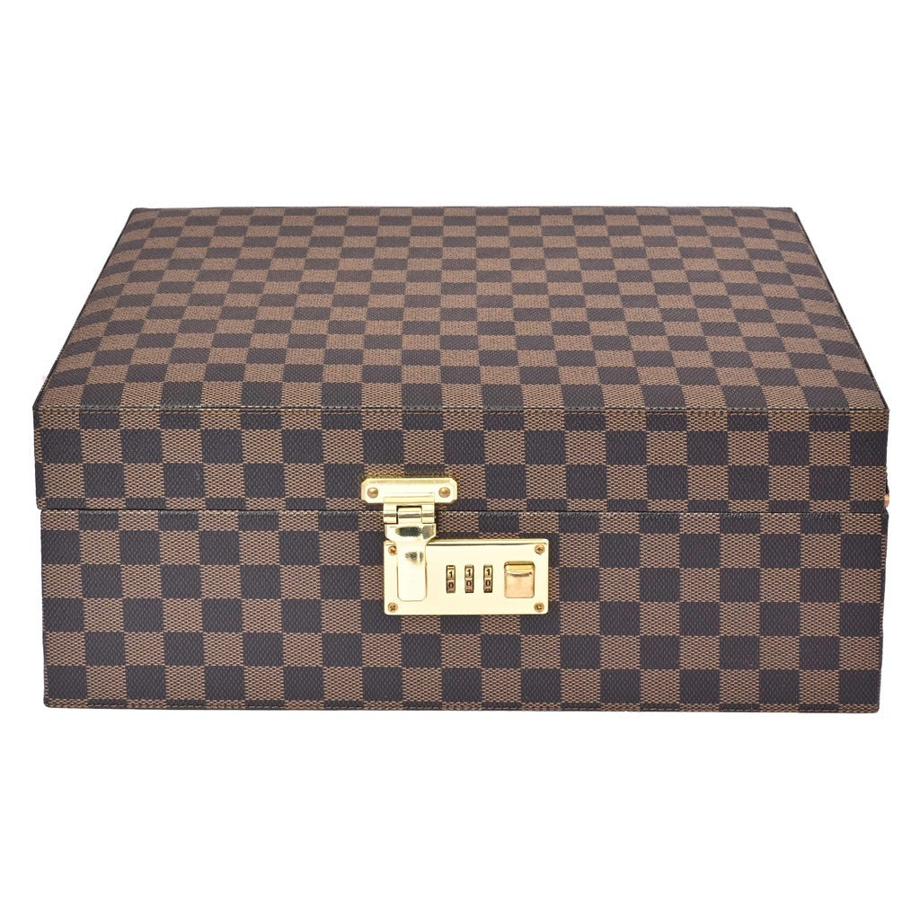 Vegan Leatherette Portable Bar Box with Accessories | 6 Whisky Glasses | Bar Box | Mini Bar for Home ( PU Leather Finish Brown & Black Check)