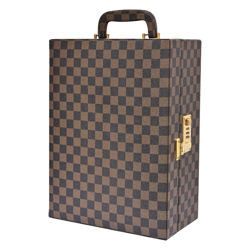 Vegan Leatherette Portable Bar Box with Accessories | 6 Whisky Glasses | Bar Box | Mini Bar for Home ( PU Leather Finish Brown & Black Check)