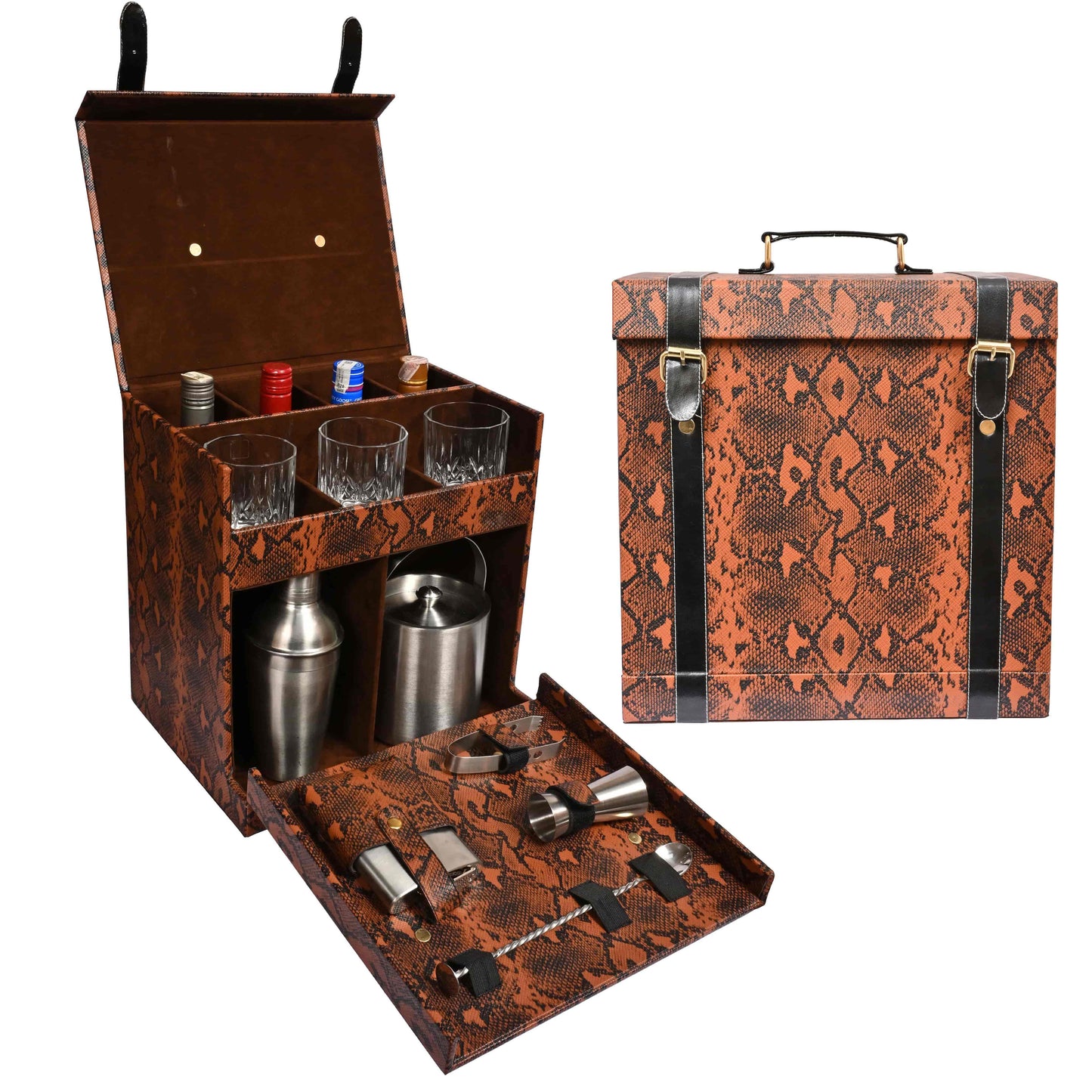 Vegan Leatherette Portable Bar Box with Accessories | 4 Whisky Glasses | Bar Box | Mini Bar for Home | Bar Box for Picnic | ( PU Leather Finish Brown Snake Print)