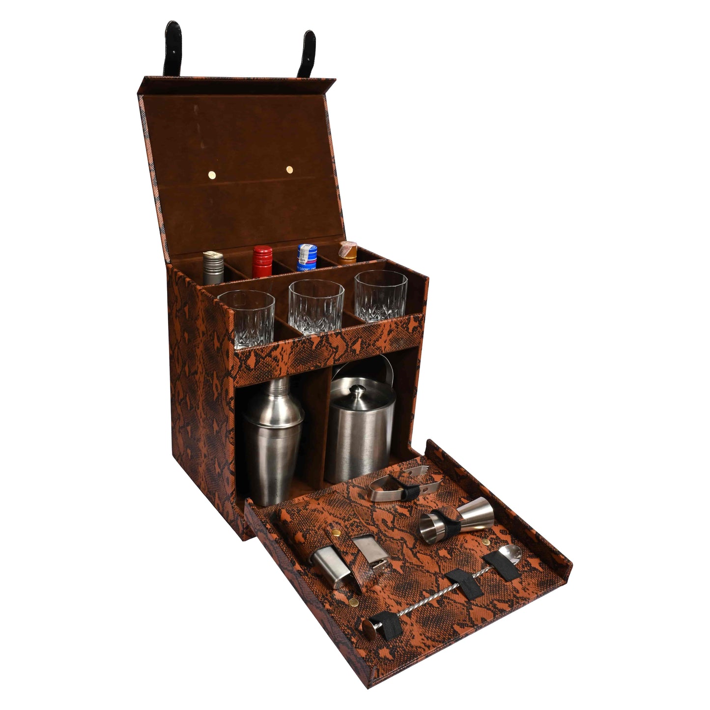 Vegan Leatherette Portable Bar Box with Accessories | 4 Whisky Glasses | Bar Box | Mini Bar for Home | Bar Box for Picnic | ( PU Leather Finish Brown Snake Print)