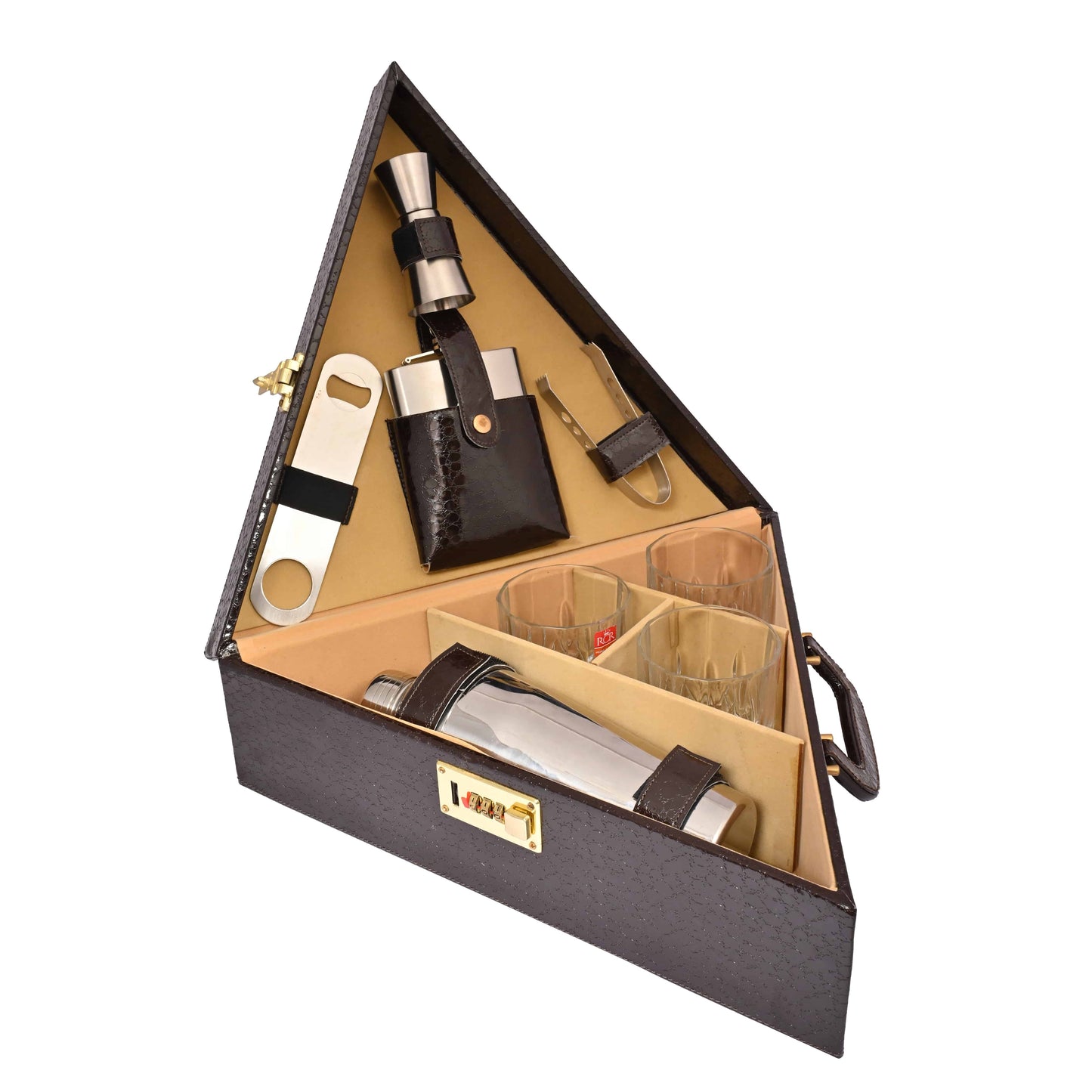 Triangle Vegan leatherette Portable Bar Box with Accessories with 3 Whisky Glasses | Mini Bar for Home | Bar Box | (PU Leather Croco Finish Chocolate Brown Colour)