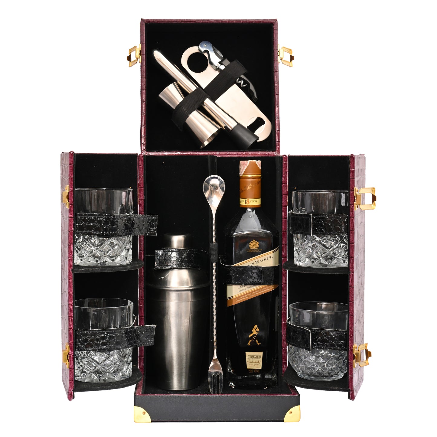 Vegan Leatherette Portable Bar Box with Accessories | 4 Whisky Glasses | Bar Box | Mini Bar for Home | Front Open Luxury Bar Box | ( PU Leather Finish Premium Maroon Colour)