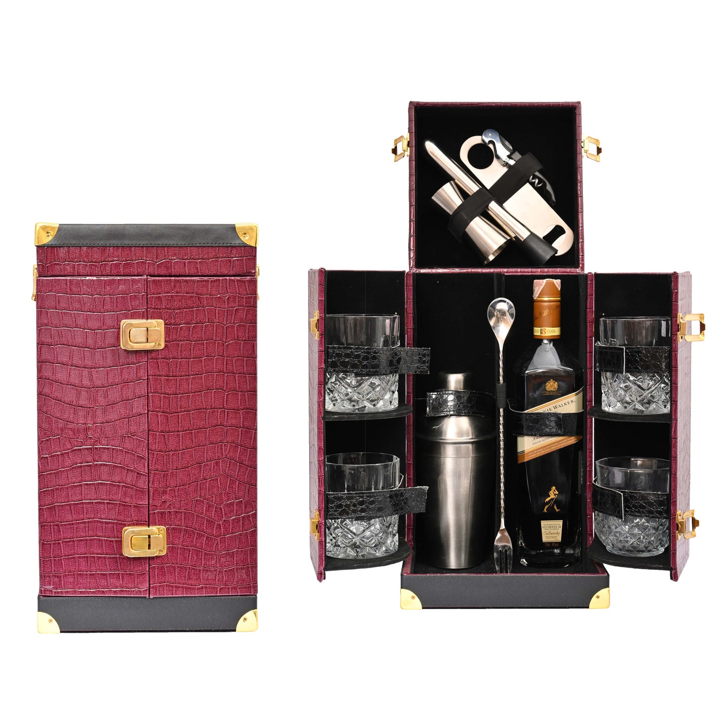 Vegan Leatherette Portable Bar Box with Accessories | 4 Whisky Glasses | Bar Box | Mini Bar for Home | Front Open Luxury Bar Box | ( PU Leather Finish Premium Maroon Colour)