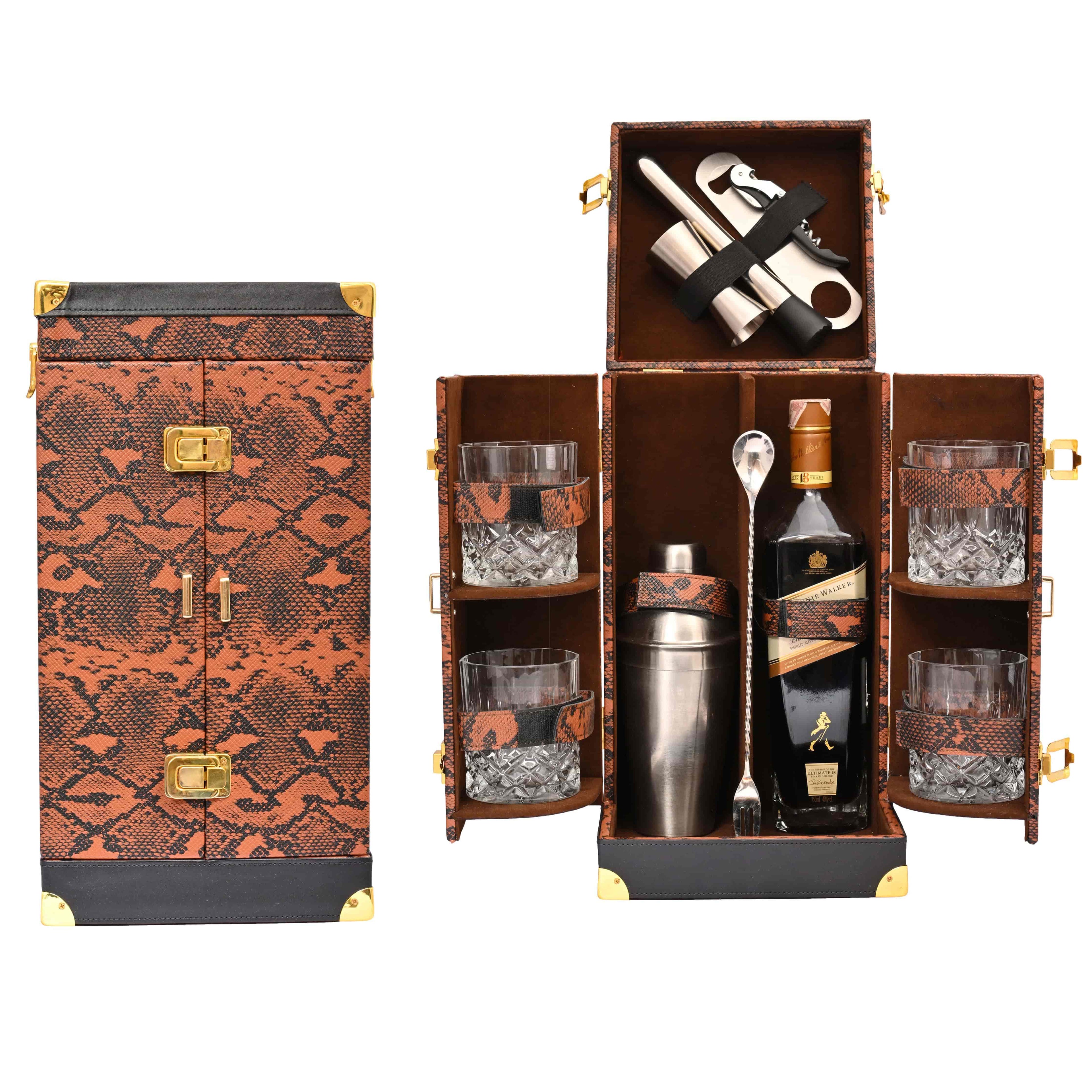 Leatherette (Snake Print Vegan PU Leather) Portable Bar Set