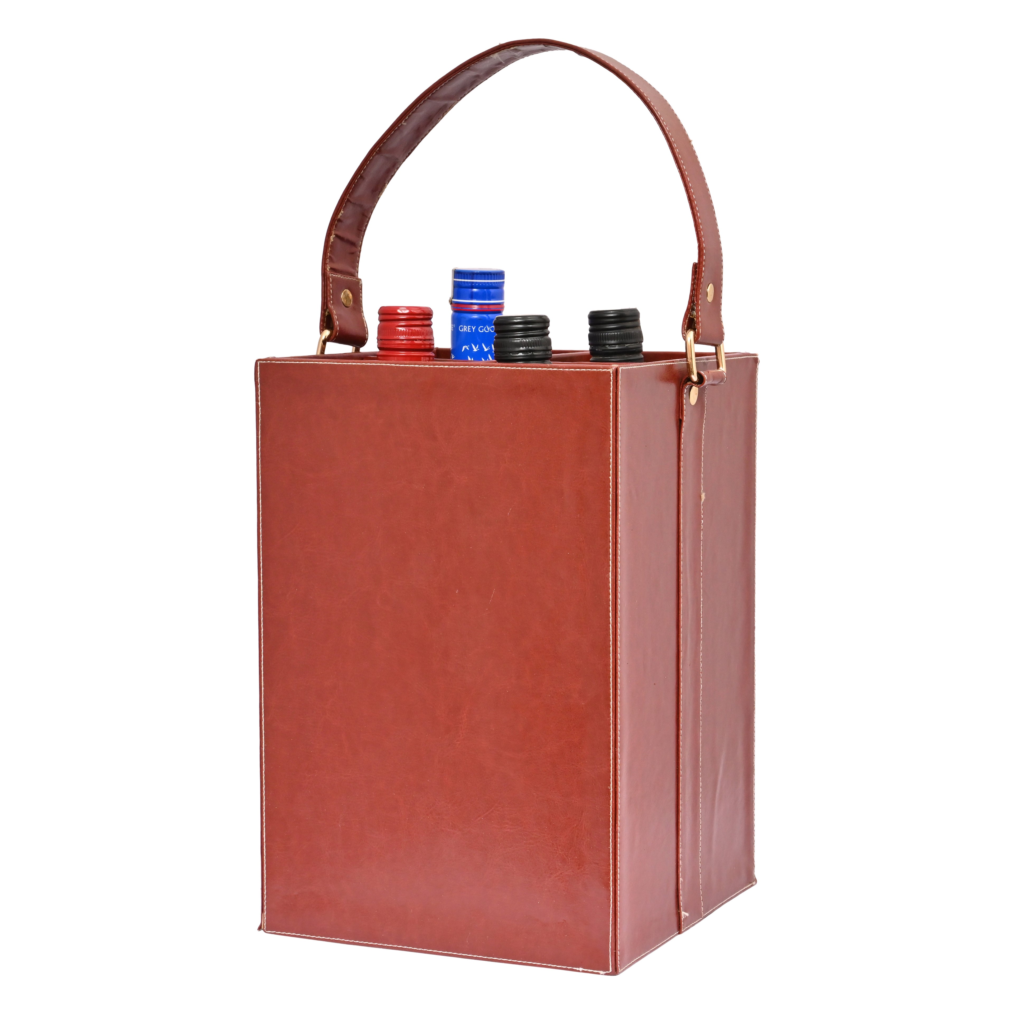 4 Bottle Premium Wine Holder | Vegan PU Leather | Brown