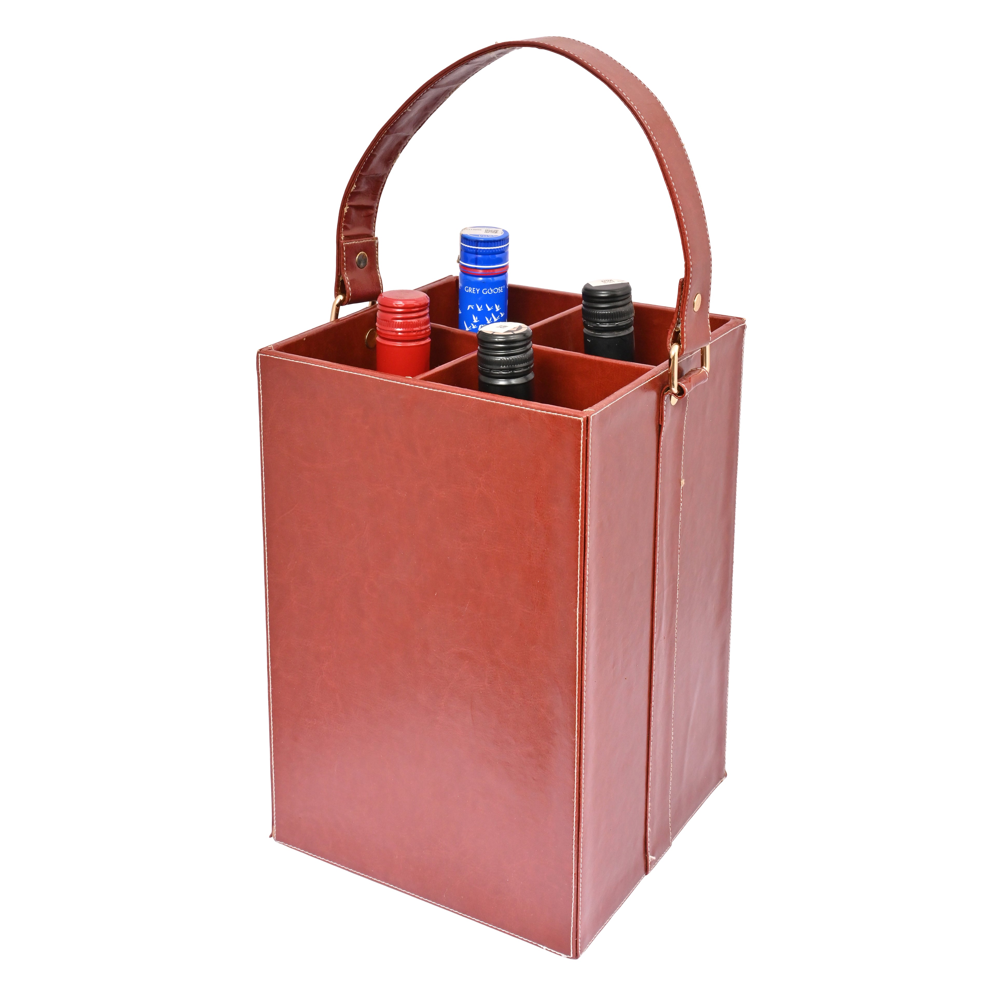 4 Bottle Premium Wine Holder | Vegan PU Leather | Brown