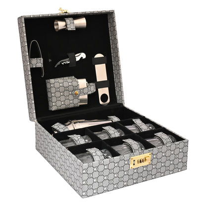 Vegan Leatherette Portable Bar Box with Accessories | 6 Whisky Glasses | Bar Box | Mini Bar for Home ( PU Leather Finish BLACK & GREY)