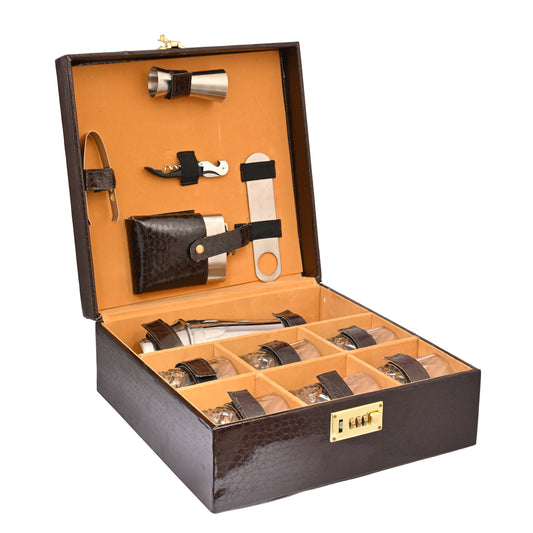 Vegan Leatherette Portable Bar Box with Accessories | 6 Whisky Glasses | Bar Box | Mini Bar for Home ( PU Leather Finish Chocolate Brown)