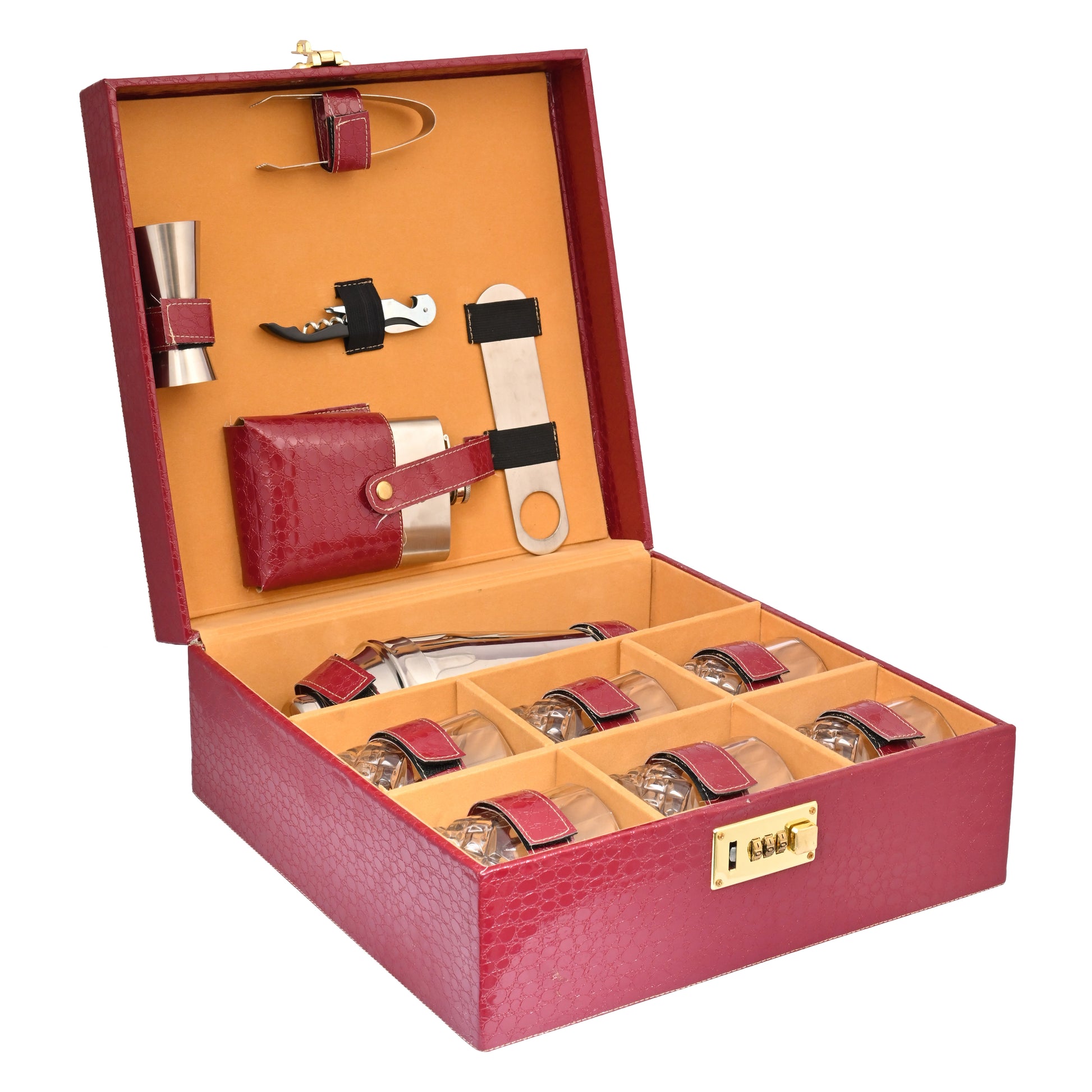The Purple Box Vegan leatherette Portable Bar Box with Accessories with 4 Whisky Glasses | Min Bar for Home (Cherry) Open View 
