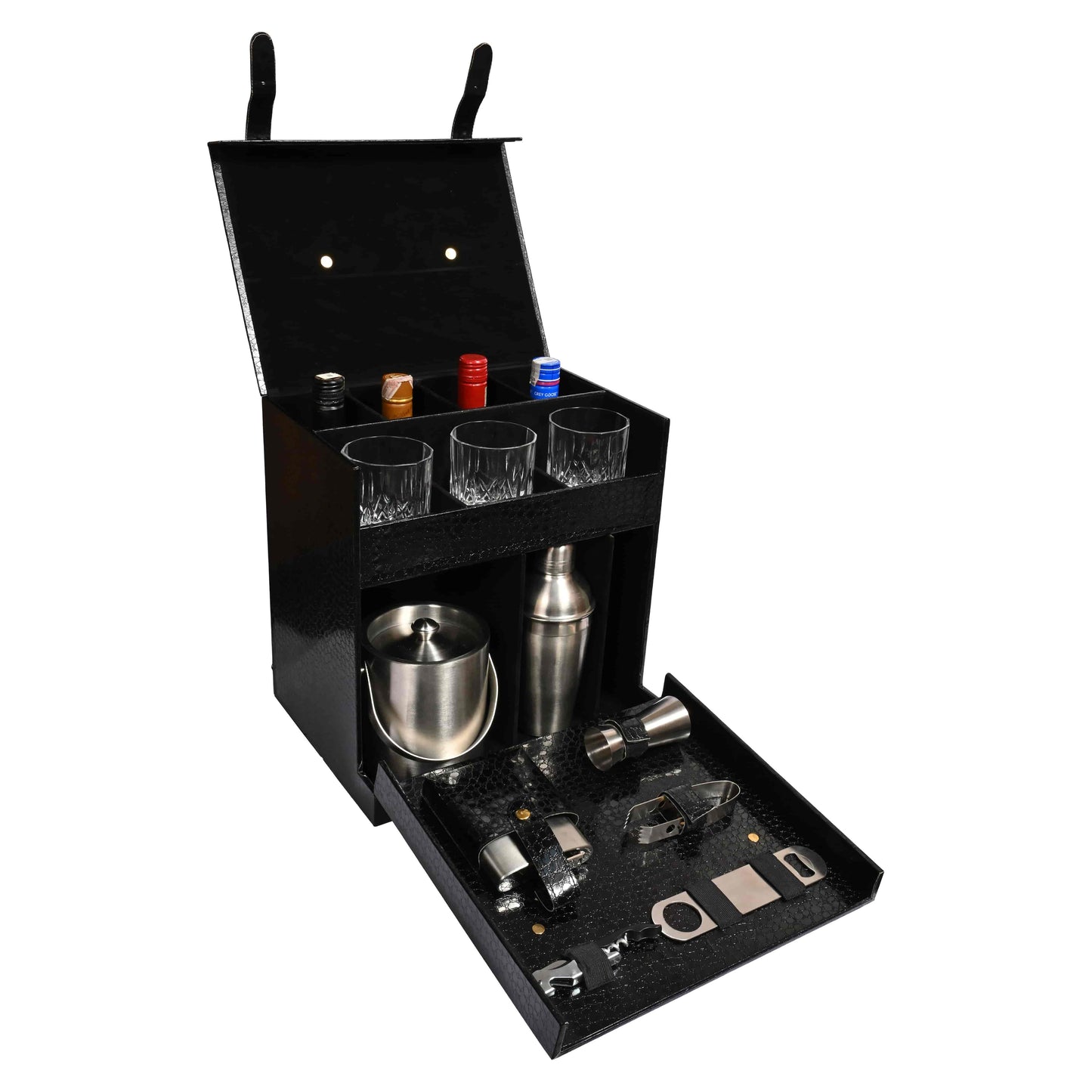 Vegan Leatherette Portable Bar Box with Accessories | 4 Whisky Glasses | Bar Box | Mini Bar for Home ( PU Leather Finish Black Croco)