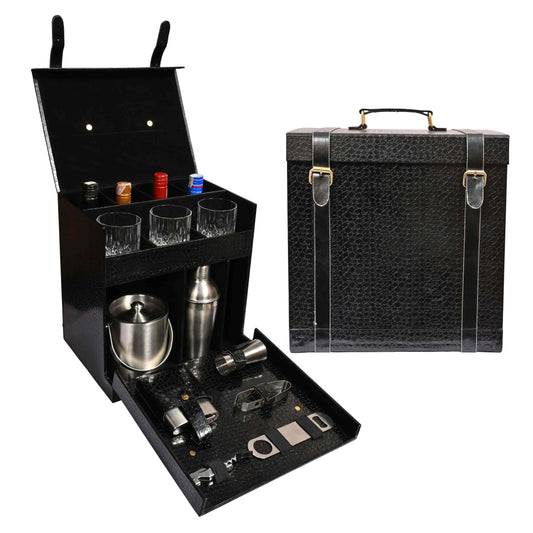 Vegan Leatherette Portable Bar Box with Accessories | 4 Whisky Glasses | Bar Box | Mini Bar for Home ( PU Leather Finish Black Croco)