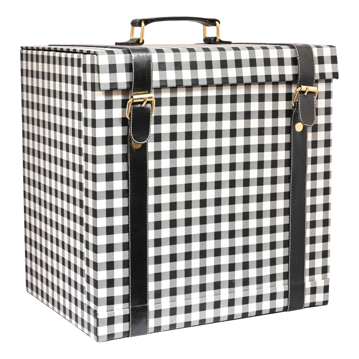 Vegan Leatherette Portable Bar Box with Accessories | 4 Whisky Glasses | Bar Box | Mini Bar for Home | Bar Box for Picnic | ( PU Leather Finish Black & White Check)