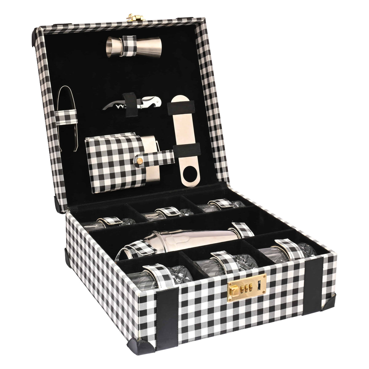 Vegan Leatherette Portable Bar Box with Accessories | 6 Whisky Glasses ...