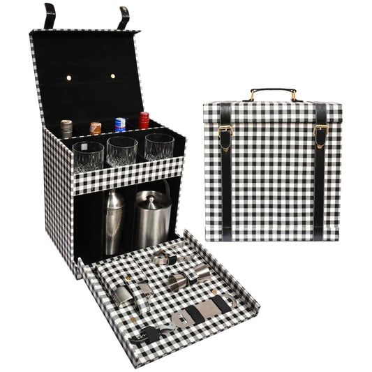 Vegan Leatherette Portable Bar Box with Accessories | 4 Whisky Glasses | Bar Box | Mini Bar for Home | Bar Box for Picnic | ( PU Leather Finish Black & White Check)
