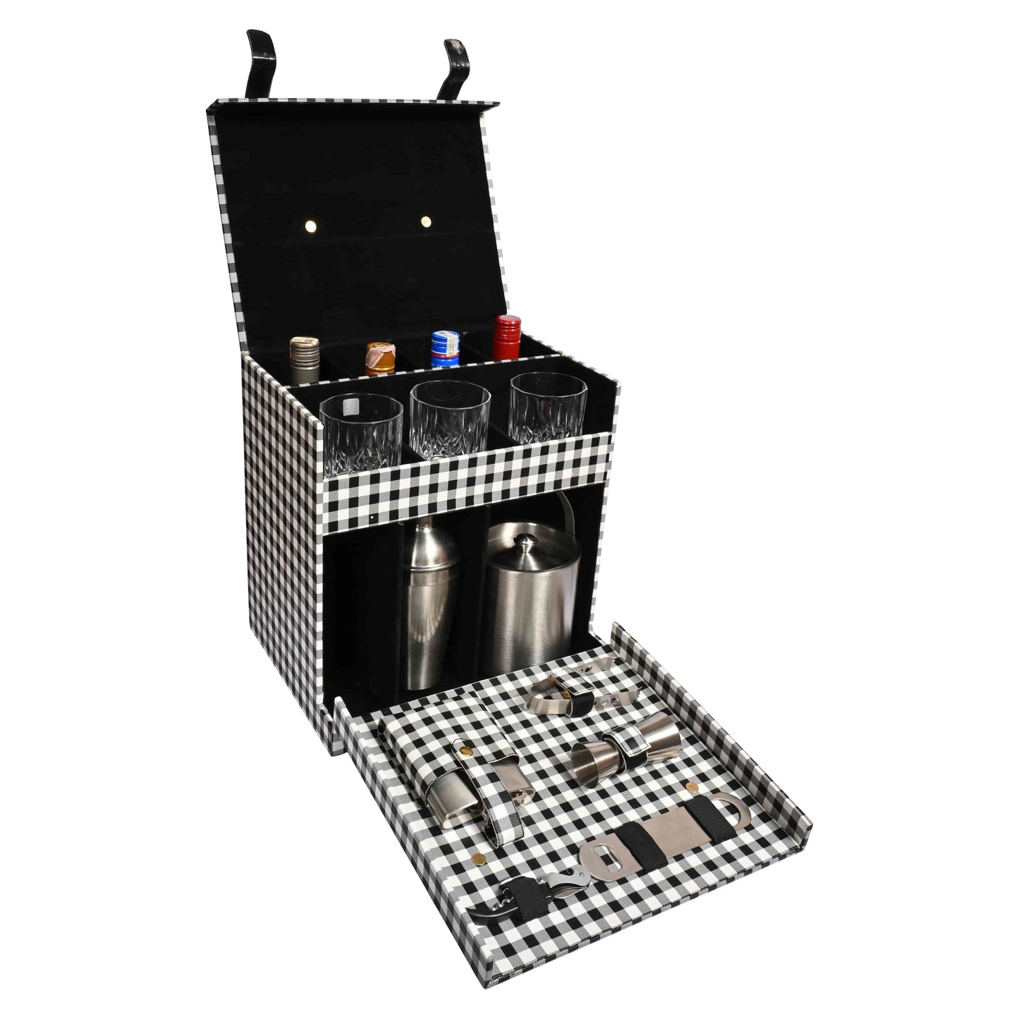 Vegan Leatherette Portable Bar Box with Accessories | 4 Whisky Glasses | Bar Box | Mini Bar for Home | Bar Box for Picnic | ( PU Leather Finish Black & White Check)