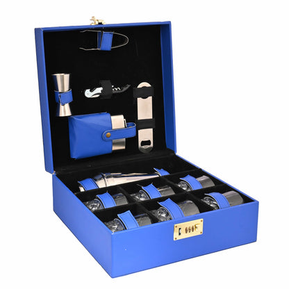 Vegan Leatherette Portable Bar Box with Accessories | 6 Whisky Glasses | Bar Box | Mini Bar for Home ( PU Leather Finish BLUE)