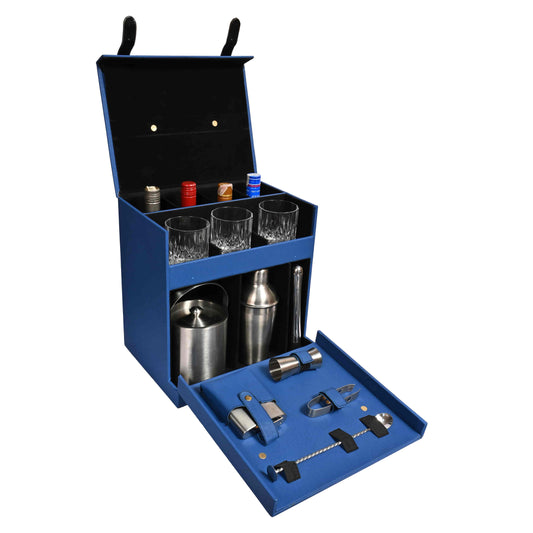 Vegan Leatherette Portable Bar Box with Accessories | 4 Whisky Glasses | Bar Box | Mini Bar for Home | Bar Box for Picnic | ( PU Leather Finish Royal Blue)