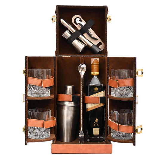Vegan Leatherette Portable Bar Box with Accessories | 4 Whisky Glasses | Bar Box | Mini Bar for Home | Front Open Luxury Bar Box | ( PU Leather Finish Chocolate Brown Croco)