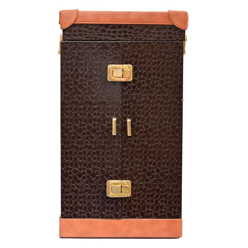 Vegan Leatherette Portable Bar Box with Accessories | 4 Whisky Glasses | Bar Box | Mini Bar for Home | Front Open Luxury Bar Box | ( PU Leather Finish Chocolate Brown Croco)