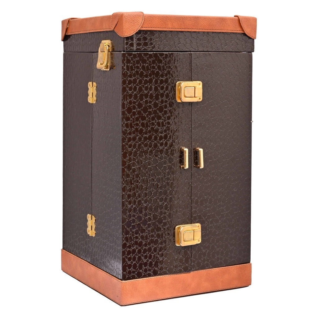 Vegan Leatherette Portable Bar Box with Accessories | 4 Whisky Glasses | Bar Box | Mini Bar for Home | Front Open Luxury Bar Box | ( PU Leather Finish Chocolate Brown Croco)