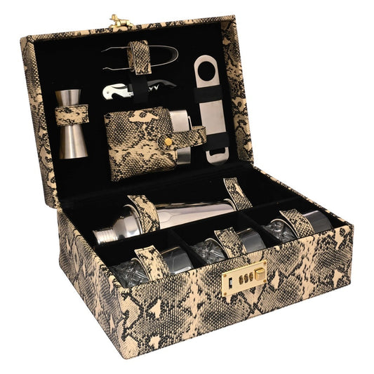 Vegan Leatherette Portable Bar Box with Accessories | 6 Whisky Glasses | Bar Box  | Mini Bar for Home ( Vegan PU Leather Finish Cream Snake Print)