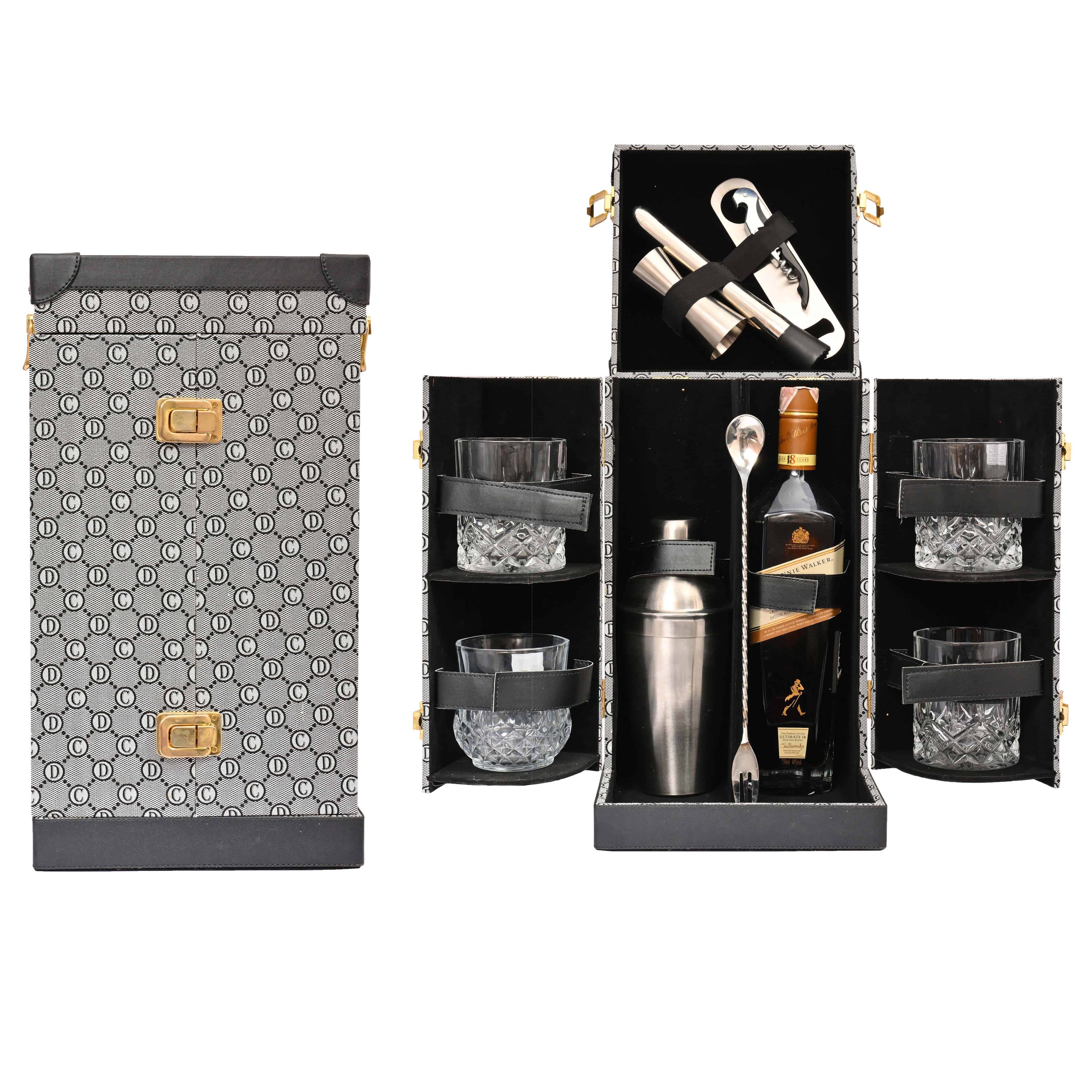 The Purple Box Vegan Leatherette (Grey and Black Finish) Portable Bar Set